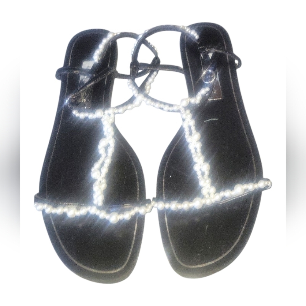 Chic Black Sandals with Pearl Detailing